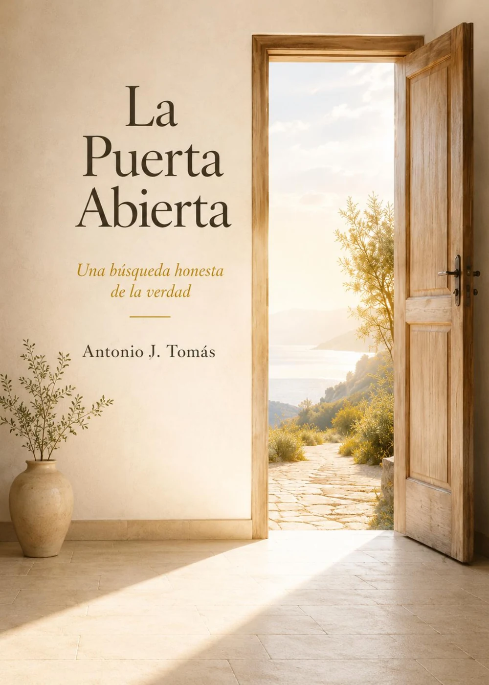 Portada del libro La puerta abierta, con una puerta de madera abierta hacia un camino iluminado.